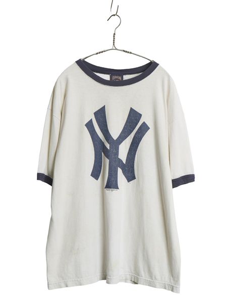 00s USA製 ヤンキース プリント リンガー Tシャツ メンズ XL オールド MLB オフィシャル マジェスティック 大リーグ ツートン 大きいサイズ