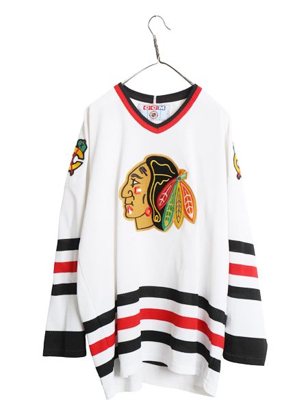 【お得なクーポン配布中!】 80s 90s ブラックホークス メッシュ ホッケー ジャージ メンズ XL / ヴィンテージ NHL オフィシャル アイスホッケー ユニフォーム ロンT 白