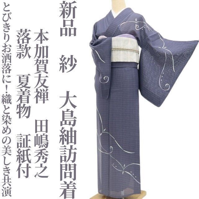 新品・夏大島紬訪問着】紗 本加賀友禅 田嶋秀之 落款 夏着物 証紙付