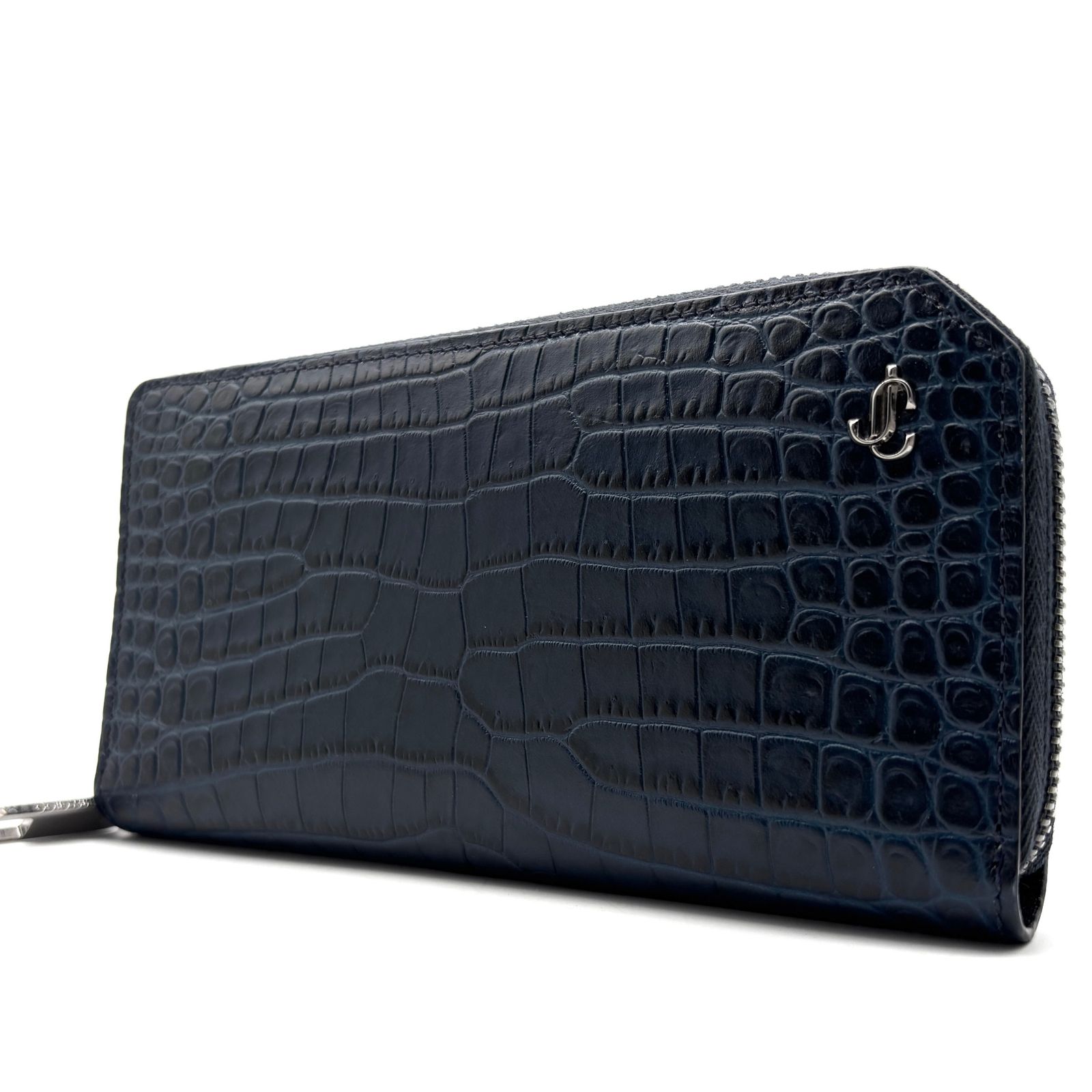 未使用に近い ジミーチュウ Jimmy Choo JCロゴ ラウンドファスナー 長財布 ロングウォレット クロコ型押し ネイビー レザー 本革 大容量 ボーナス 夏休み 帰省 サマーギフト 敬老の日 ご褒美