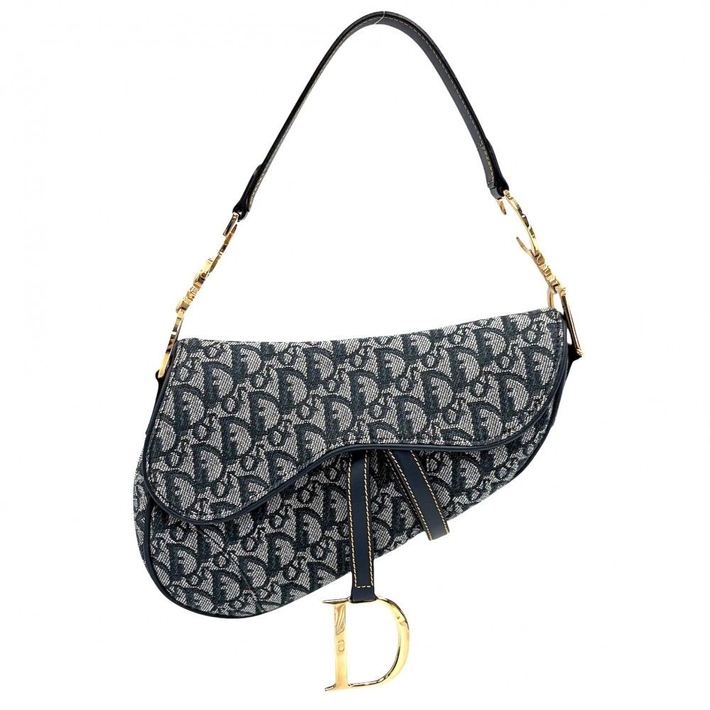 クリスチャンディオール ハンドバッグ レディース オブリーク サドルバッグ ショルダーバッグ 肩掛け Christian Dior キャンバス レザー ネイビー 紺 ゴールド金具【中古品】