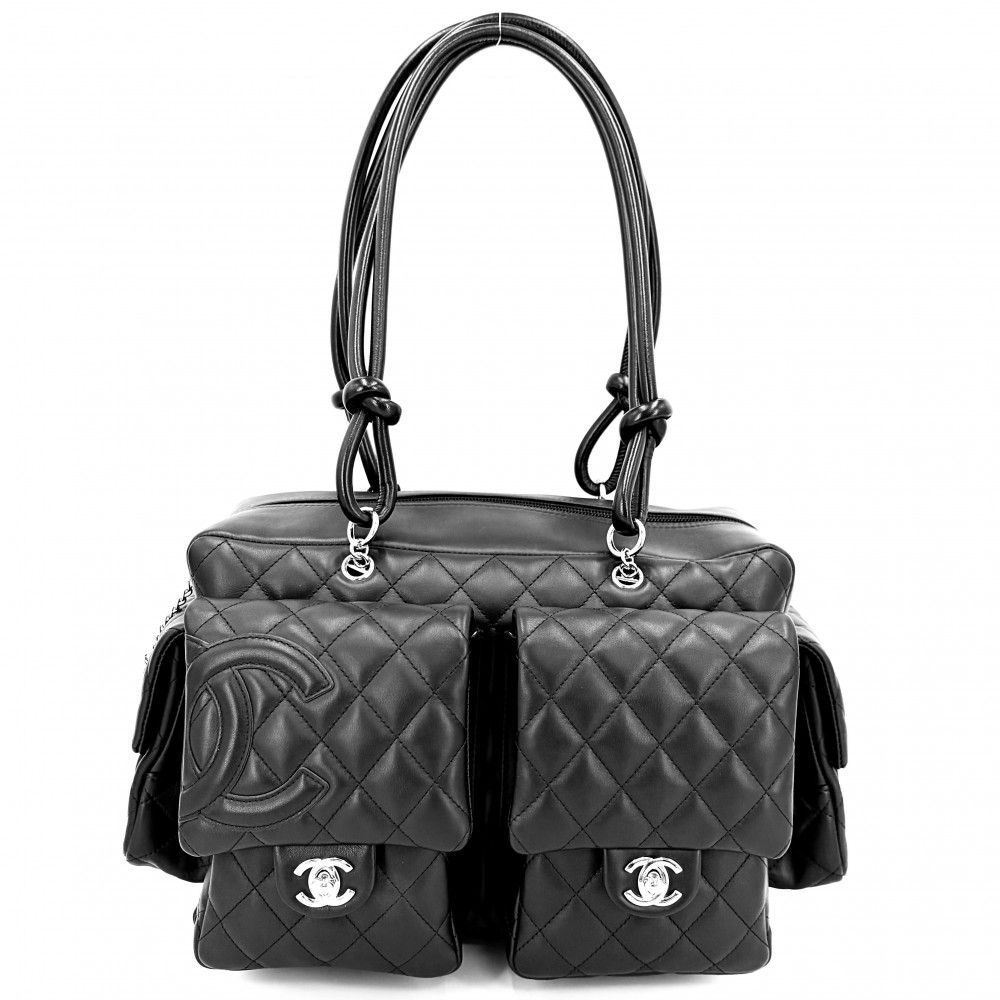 シャネル ハンドバッグ レディース カンボンライン マルチポケット マトラッセ ココマーク 肩掛け トートバッグ CHANEL ラムスキン ブラック 黒 シルバー金具【中古品】