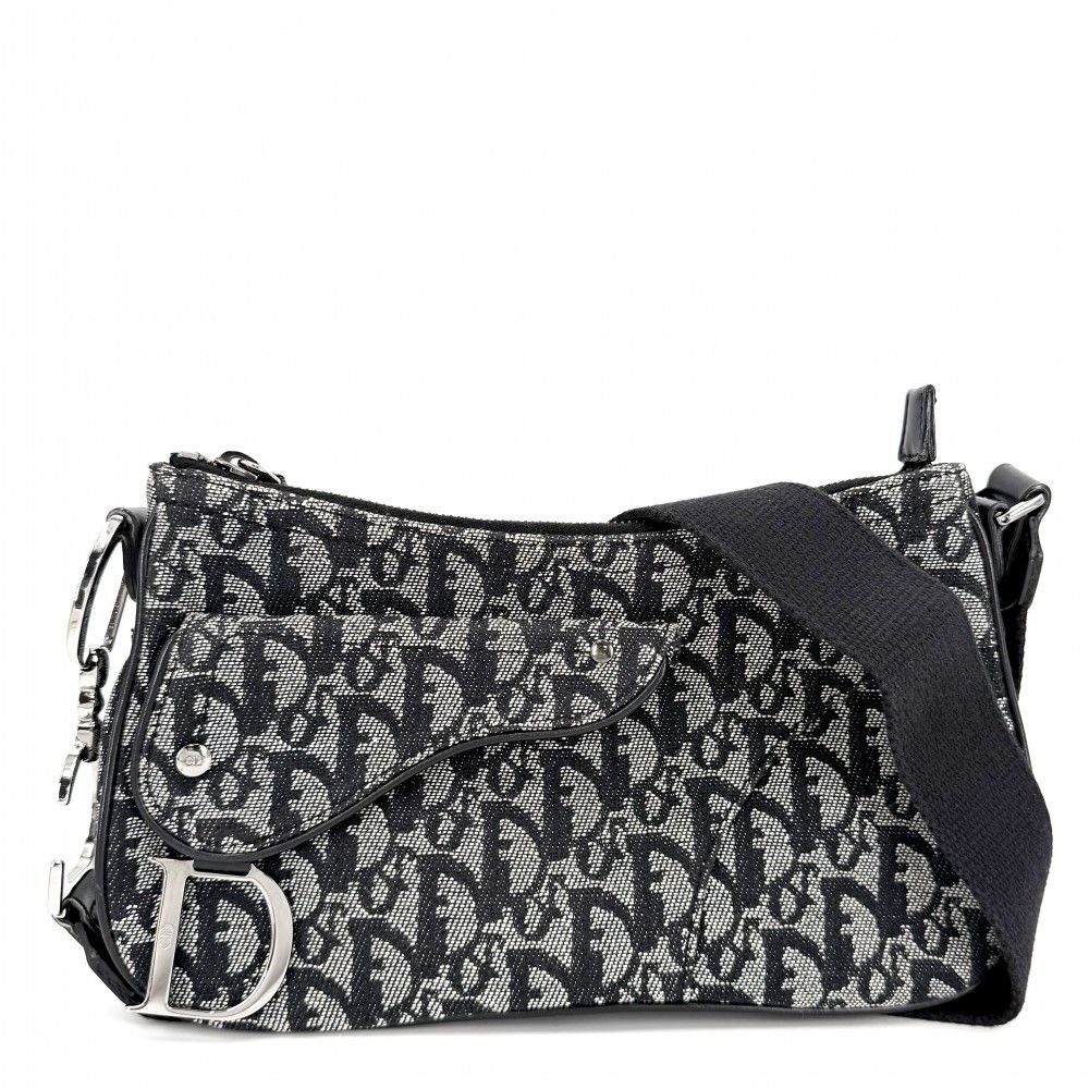 クリスチャンディオール ショルダーバッグ レディース トロッター サドルバッグ オブリーク 肩掛け 斜め掛け Christian Dior キャンバス レザー ブラック 黒 シルバー金具【中古品】