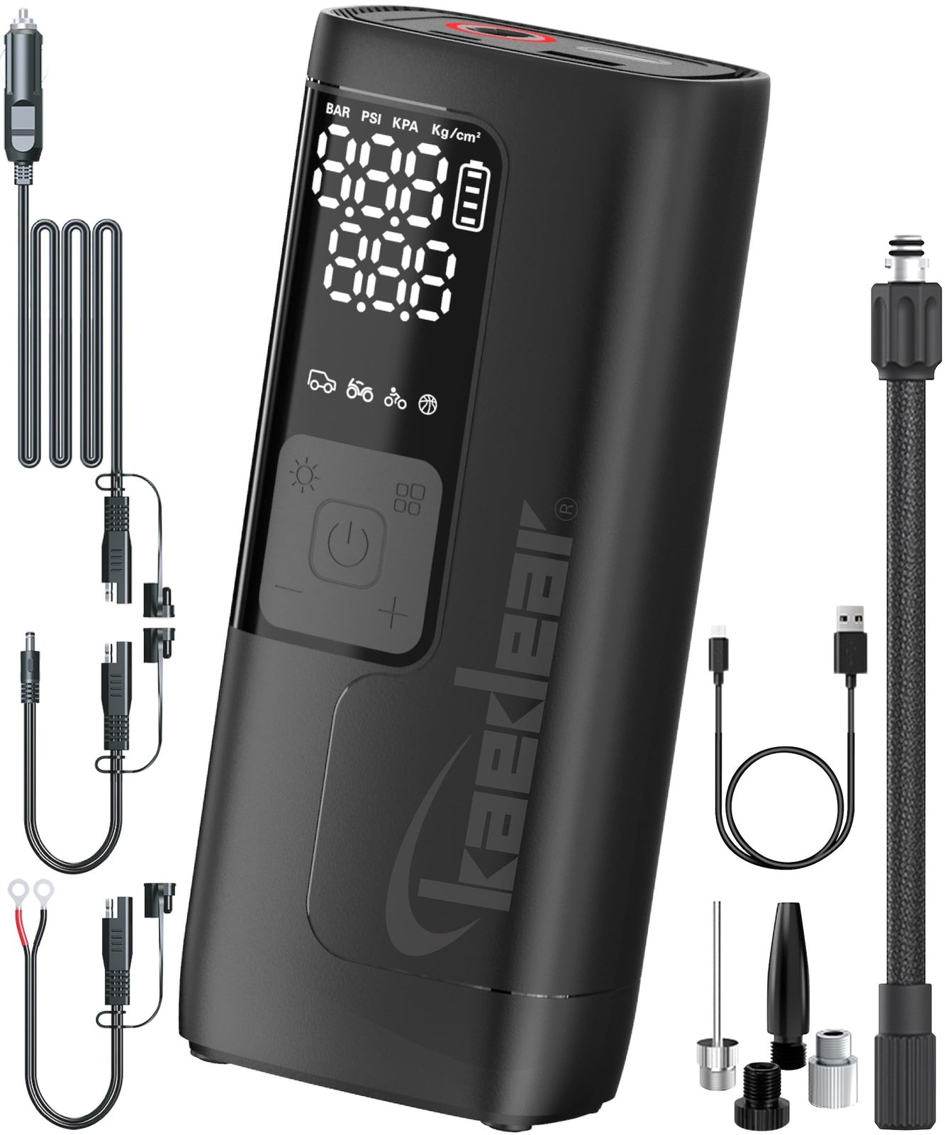 【新品】Kaedear(カエディア) バイク 空気入れ 電動 エアーポンプ 電動空気入れ バッテリー＆DC12V シガーソケット SAE 2600mah×2, 7.4V/19.24wha, タイヤサイズ120/70ZR17で0-200KPaを f34b7ff0