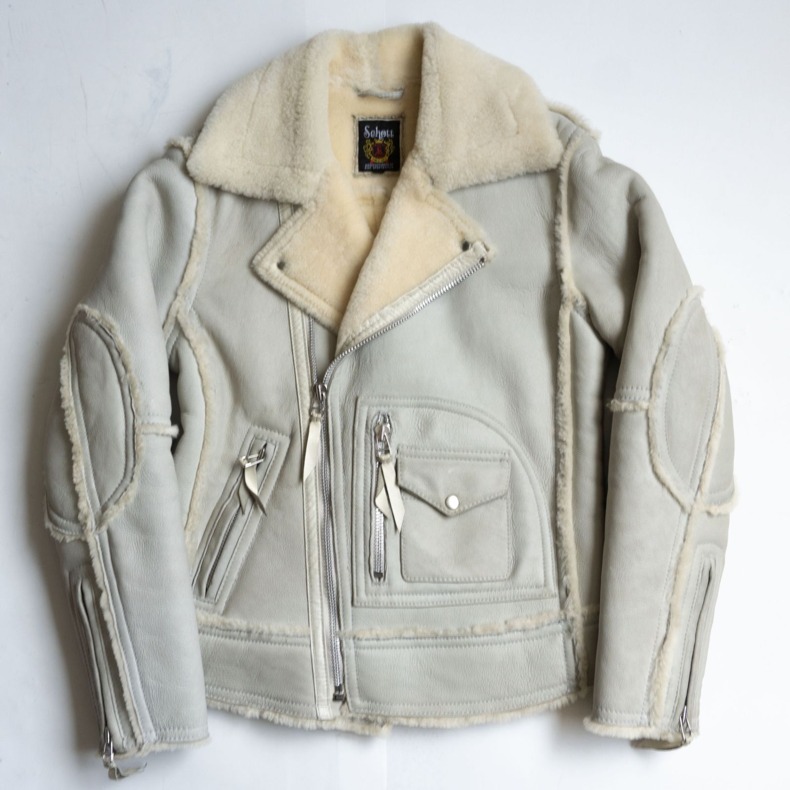 美品】SCHOTT【ムートン ライダースジャケット】L グレー レザー