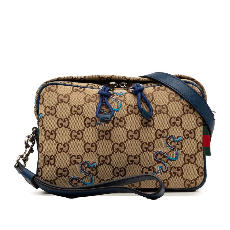 グッチ GGキャンバス スネーク刺繍 斜め掛け ショルダーバッグ 817771 ベージュ ネイビー キャンバス レザー レディース GUCCI【255-74806】