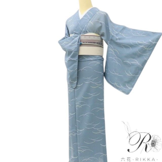 小紋　フルセット　洗える着物　青　白花　トールサイズ　R6 六花-RIKKA- 新品 洗える夏着物 トールサイズ 絽❀シャドウブルーに露