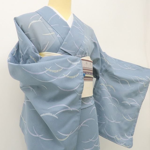 小紋　フルセット　洗える着物　青　白花　トールサイズ　R6 六花-RIKKA- 新品 洗える夏着物 トールサイズ 絽❀シャドウブルーに露