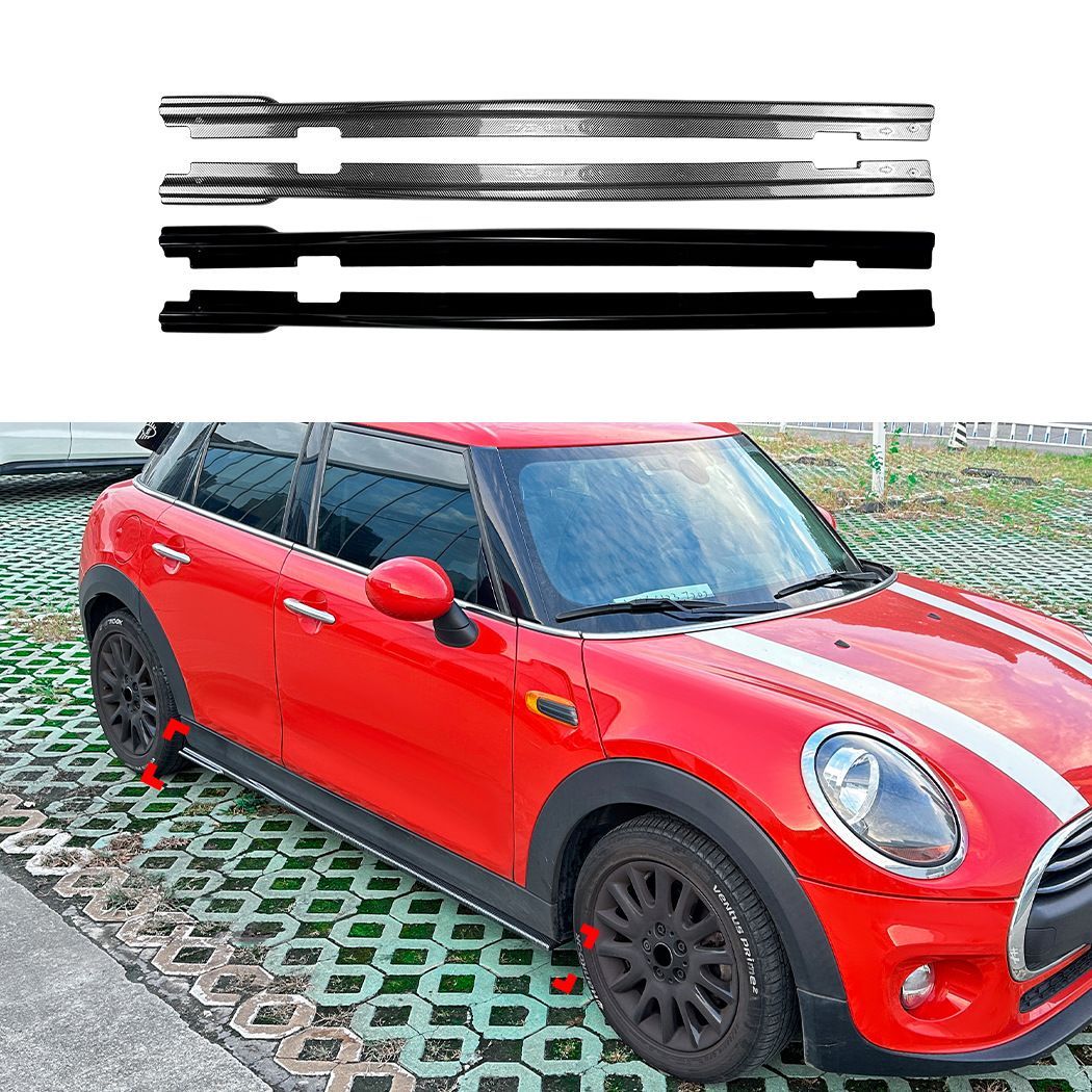 ビーエムダブリュー BMW MINI ミニ クーパー Cooper F55 4ドア 標準仕様 2014-2024対応 サイドスカートスポイラー サイドエアロパーツ ABS製 ピアノブラック カーボン調 車体側面を引き締めるスポーティデザイン ドレスアップ用品
