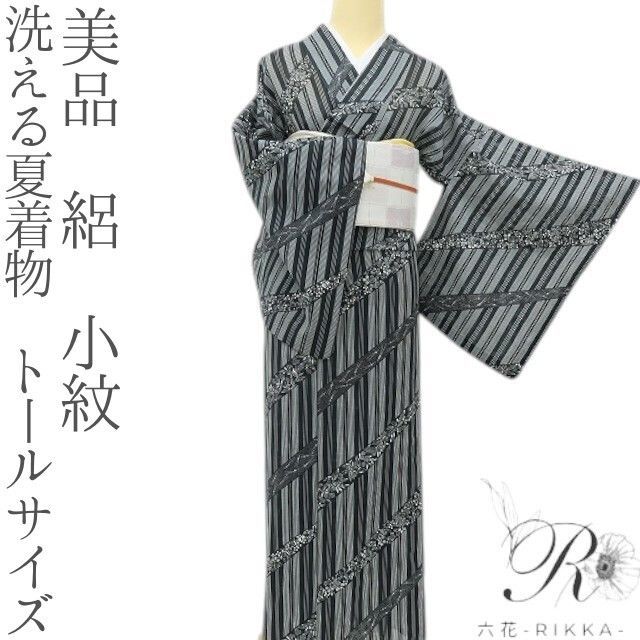 六花-RIKKA- 美品 洗える夏着物 トールサイズ 絽❀一味違う！モノトーンの涼味❀小紋 着物 A5474