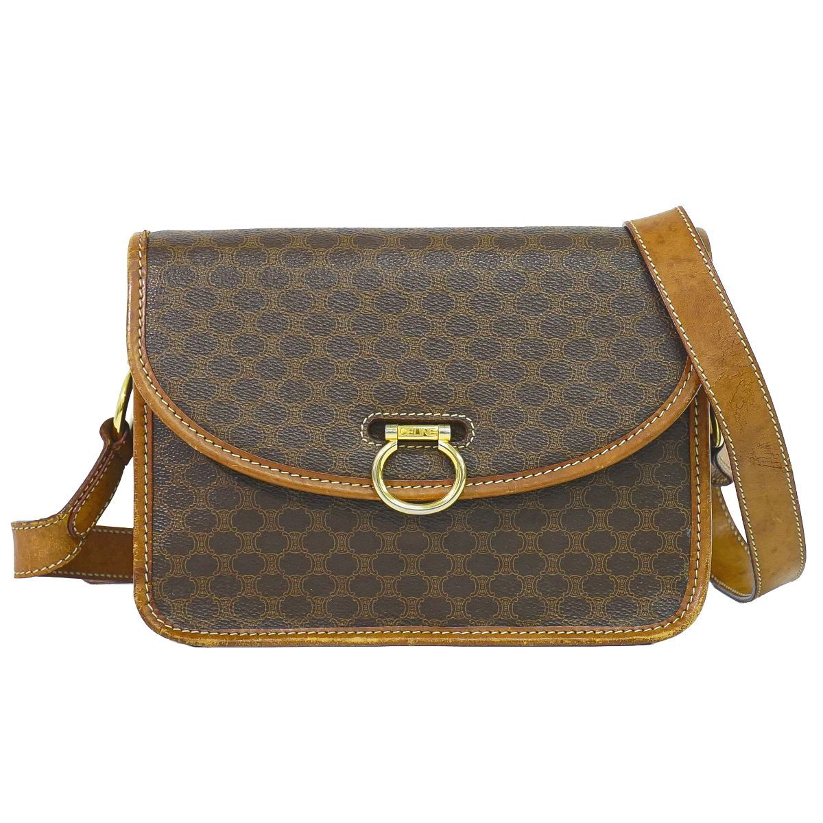 本物 セリーヌ CELINE マカダム ショルダーバッグ ポシェット PVC ブラウン Macadam バッグ 中古・