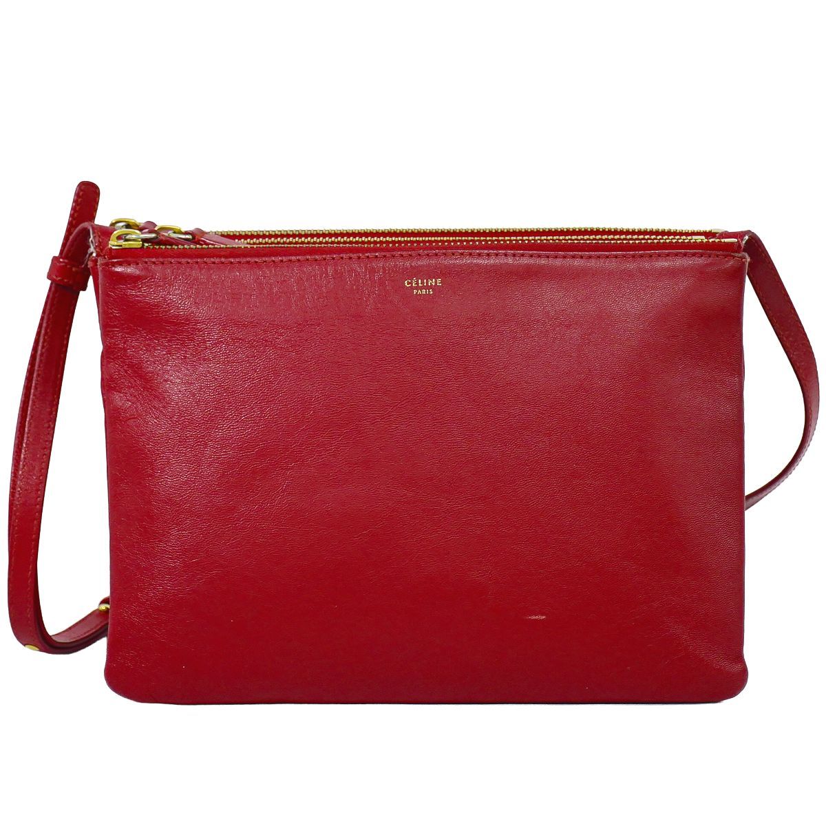 本物 セリーヌ CELINE トリオ ラージ ショルダーバッグ ポシェット レザー レッド Trio バッグ 中古・