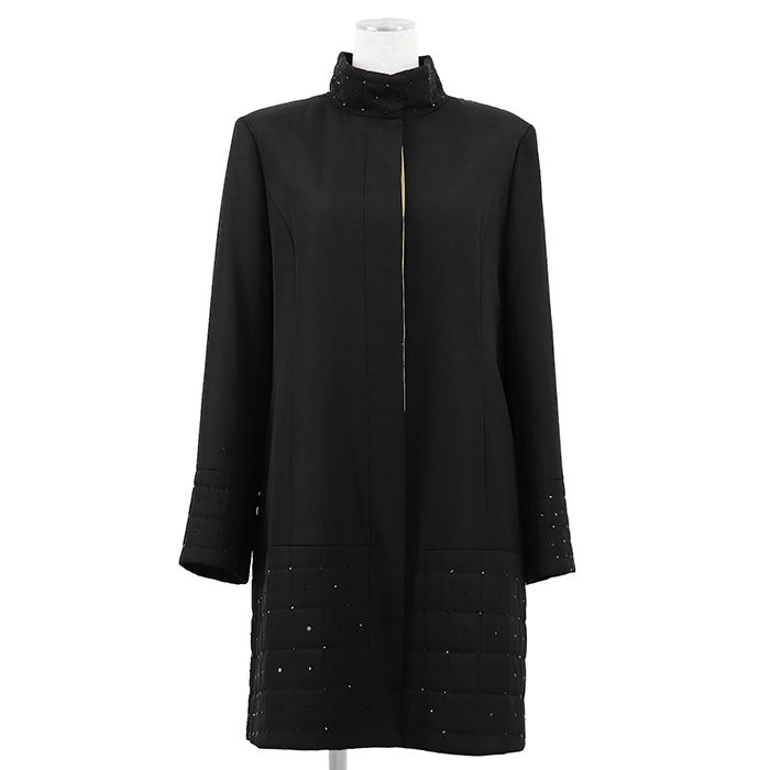 【SALE】LEONARD レオナール パデッドコート サイズ 11R レディース ラインストーン トリム スタンドカラー シルク100％ 中綿 アウター ブラック 黒 日本製 0368450