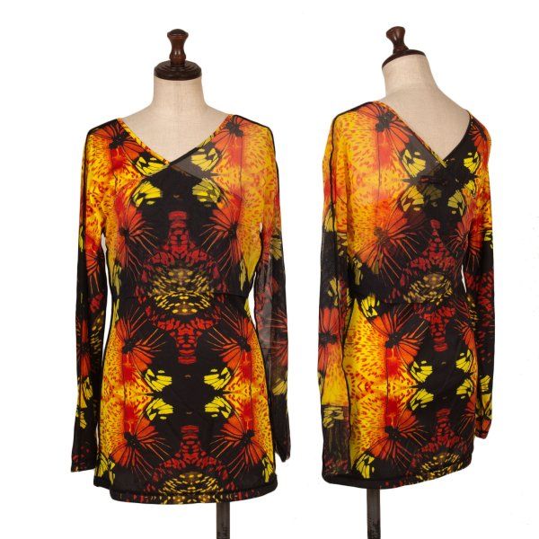 ジャンポールゴルチエファムJean Paul GAULTIER FEMME バタフライプリントパワーネットレイヤードトップス 赤黒黄色40