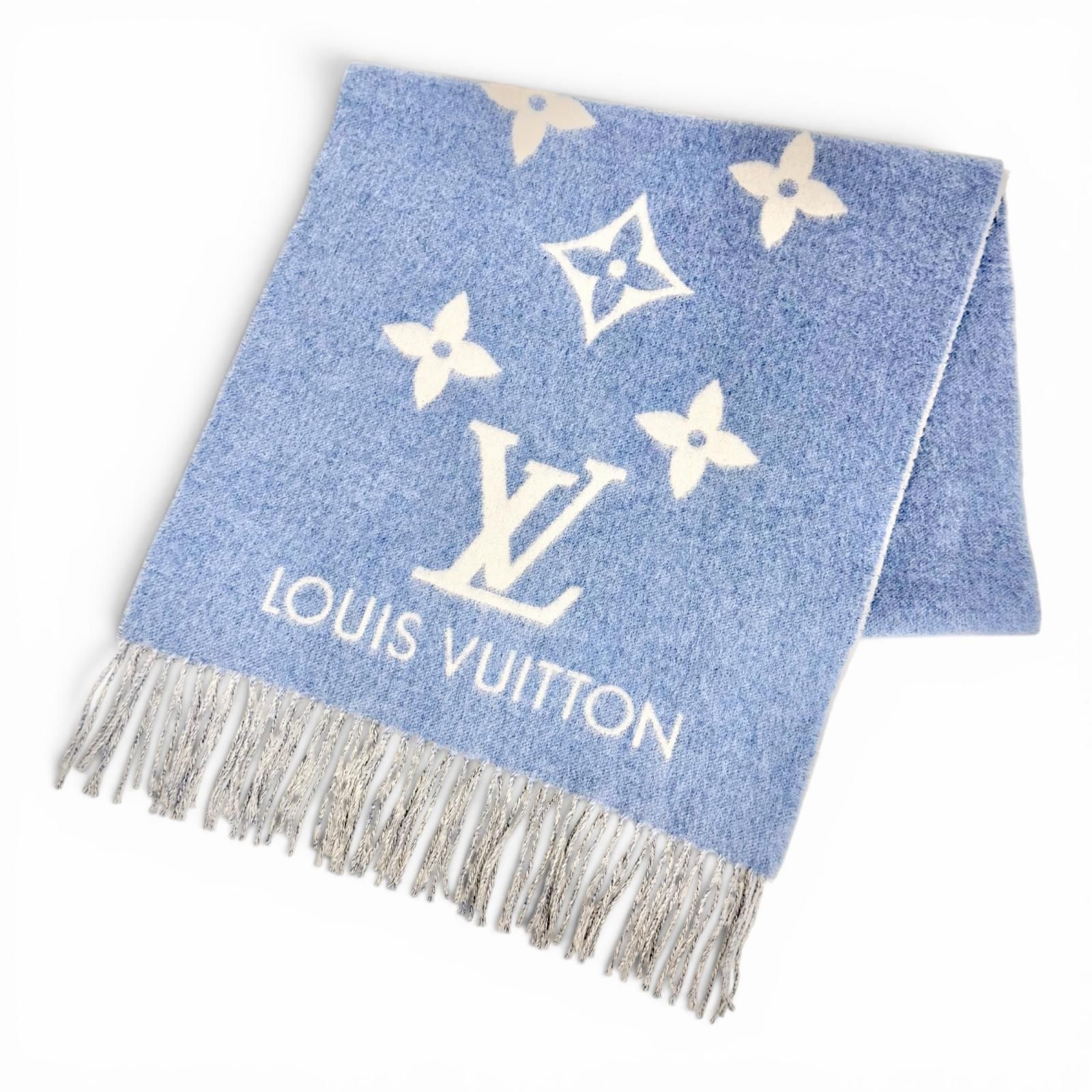美品△LOUIS VUITTON ルイヴィトン M75704 エシャルプ レイキャビック カシミヤ100％ モノグラム フリンジ マフラー ブルー 正規品