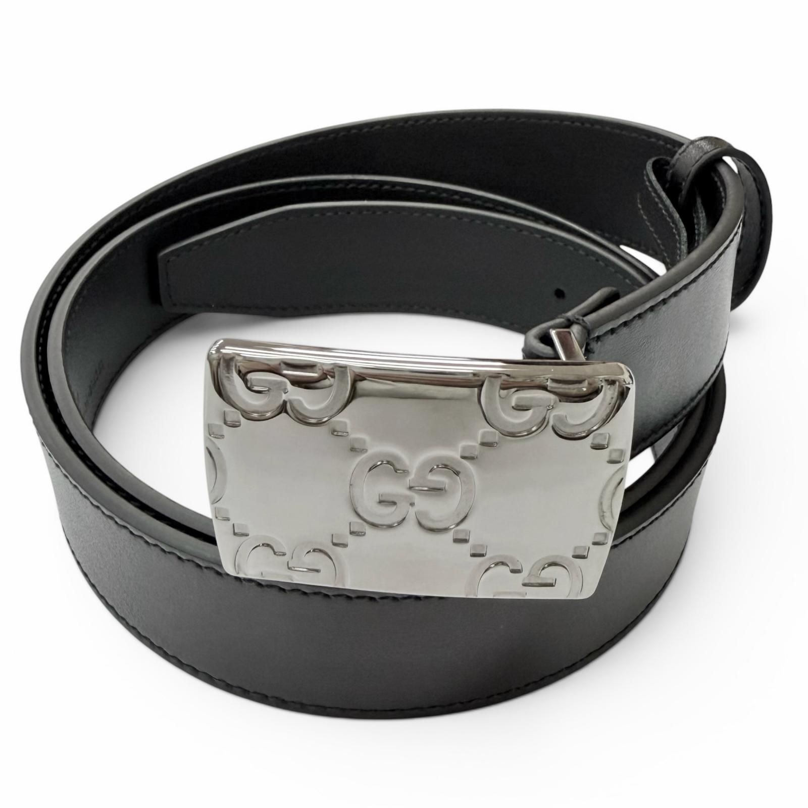 極美品□GUCCI　グッチ　838748　GGロゴ　スクエアバックル　レザーベルト　ブラック　シルバー　90/36　イタリア製　メンズオススメ◎　
