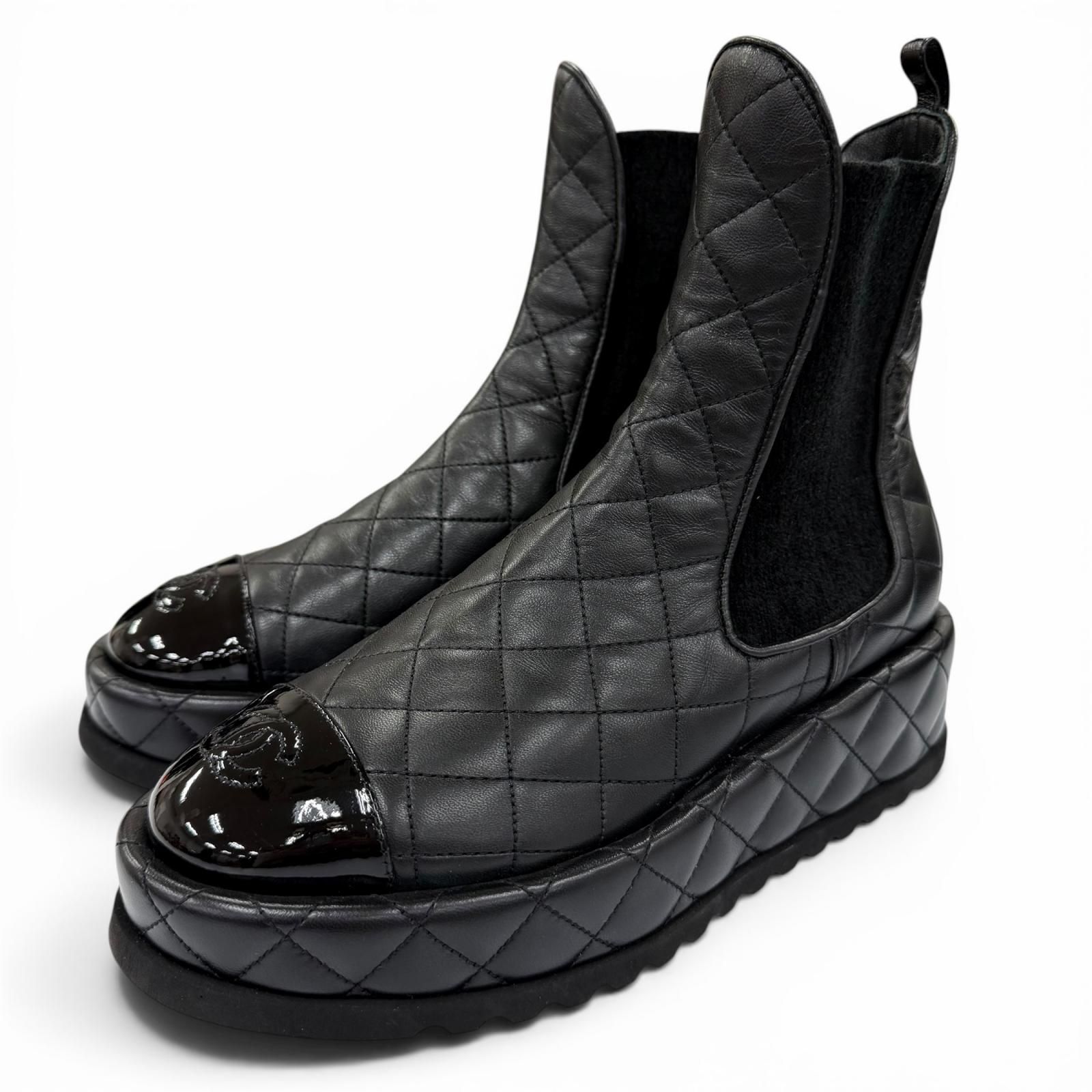 未使用品☆CHANEL シャネル G45190 ココマーク マトラッセ レザー サイドゴアブーツ 軽量 ショートブーツ ブラック 36.5 イタリア製