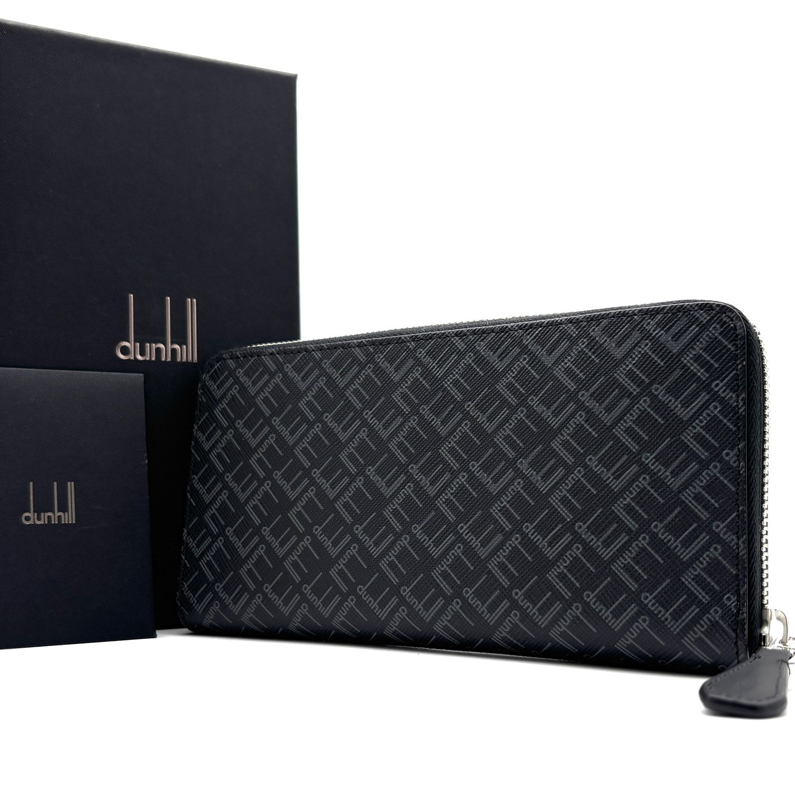 未使用保管品 ダンヒル dunhill シグネチャー ジップ ウォレット ラウンドファスナー 長財布 ブラック 黒 レザー 本革 総柄 大容量 箱付 ボーナス 夏休み 帰省 サマーギフト 敬老の日 ご褒美 プレゼント