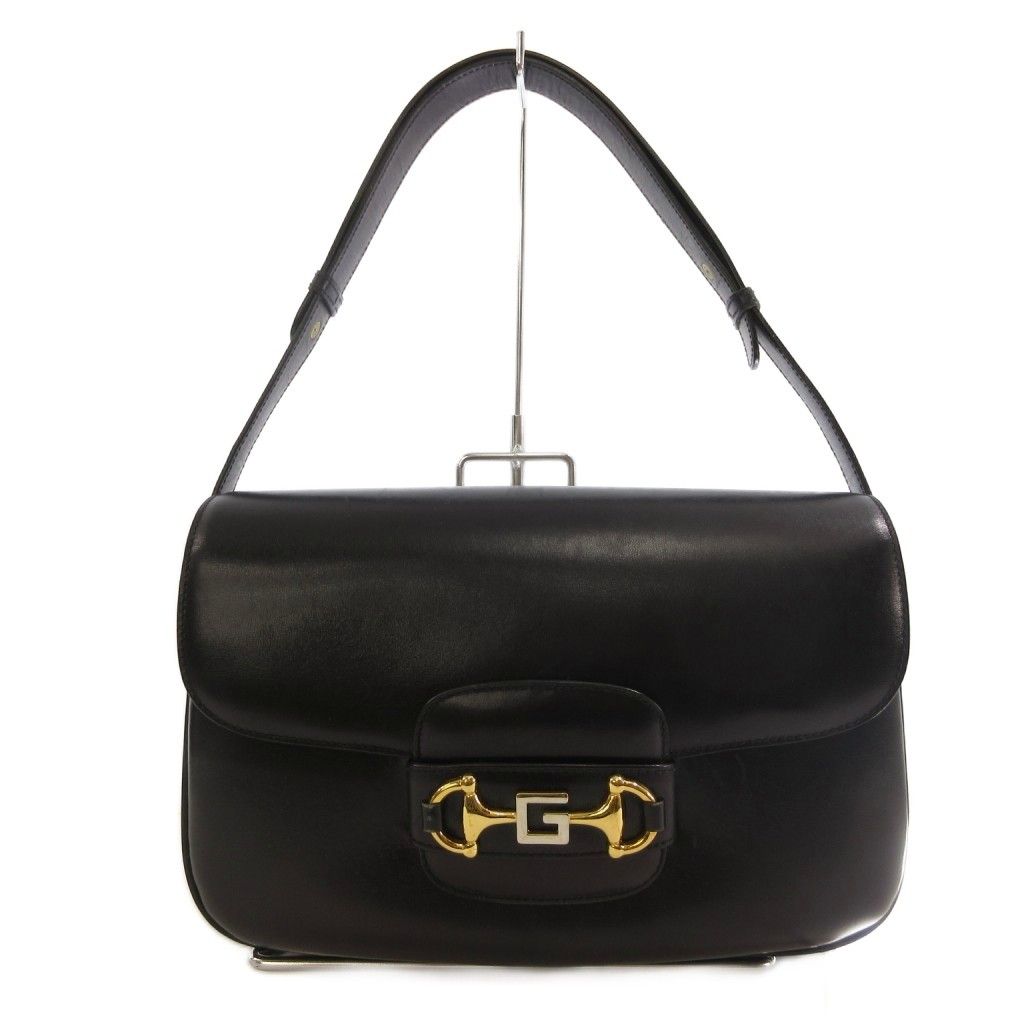 グッチ GUCCI ヴィンテージ ショルダーバッグ オールドグッチ ホースビット フラップ 黒 2064 ☆AA★