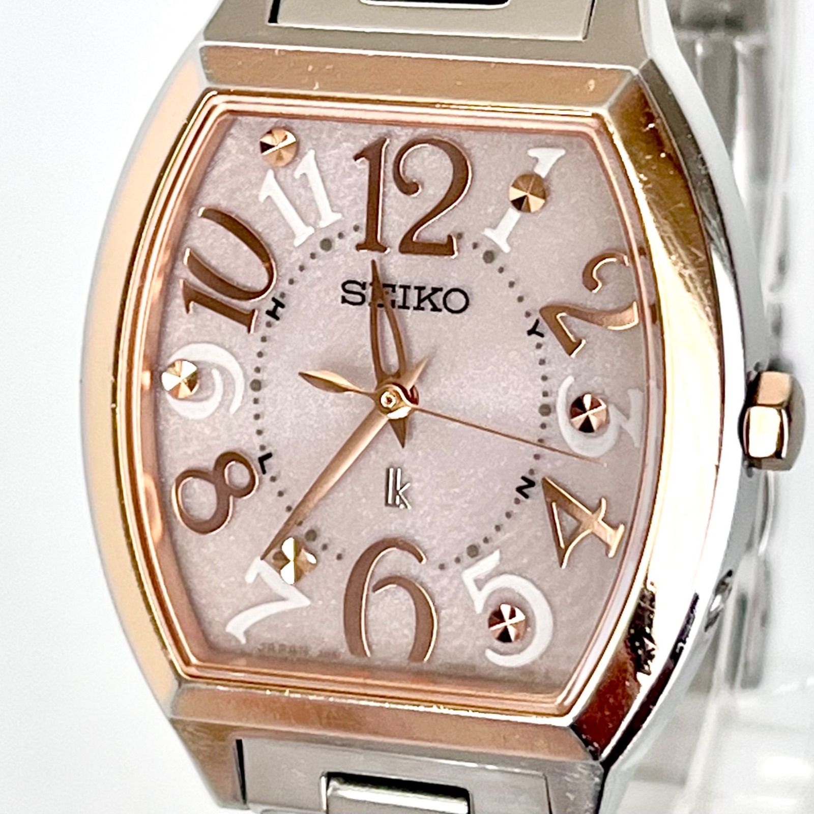 【セイコー ルキア レディース 腕時計 稼働 電波ソーラー 磨き済み】SEIKO LUKIA 美品 ピンクシルバー文字盤 ゴールド