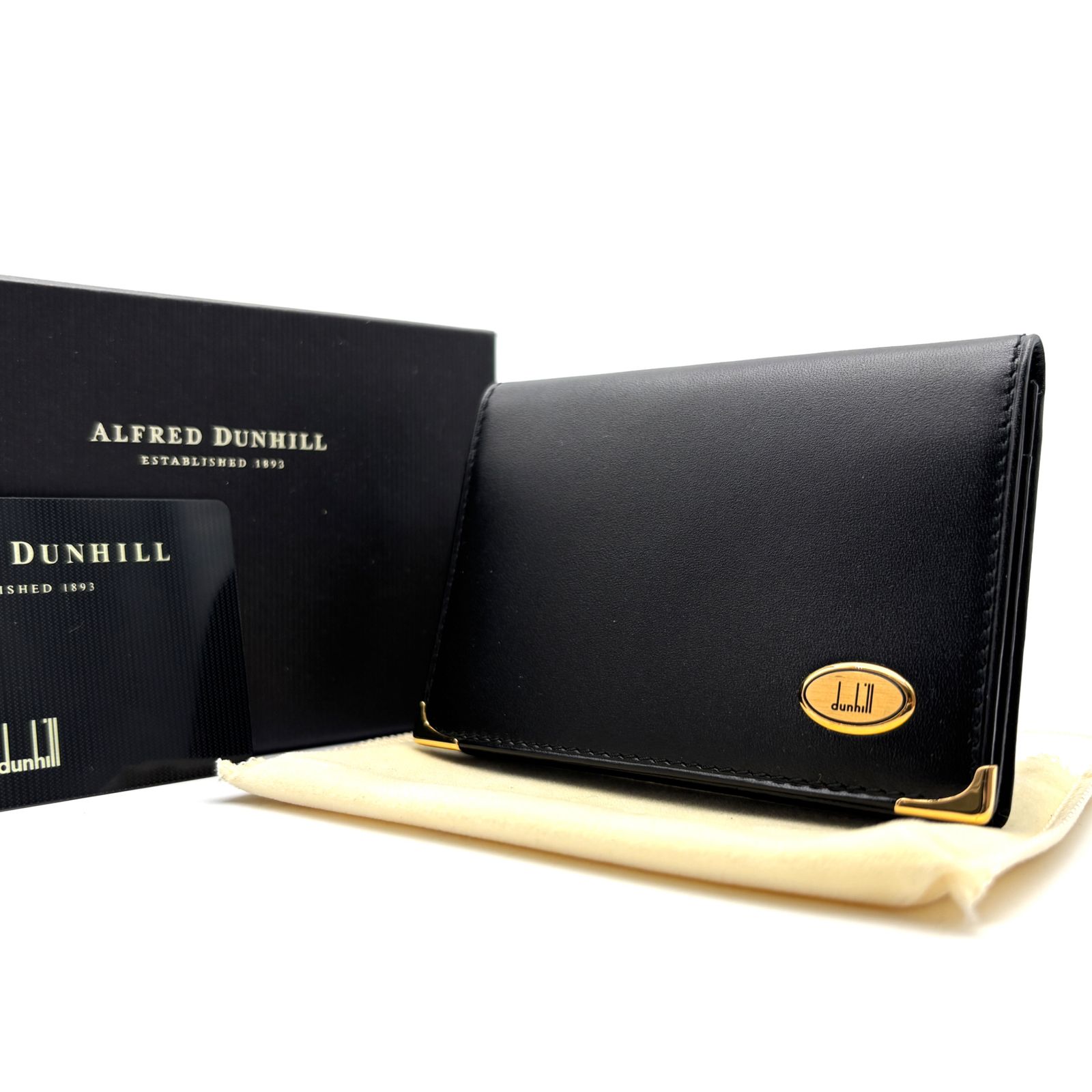 未使用保管品 ダンヒル dunhill 名刺入れ カードケース パスケース ロゴ金具 ブラック 黒 レザー 本革 ゴールド金具 箱付 ボーナス 夏休み 帰省 サマーギフト 敬老の日 ご褒美 プレゼント