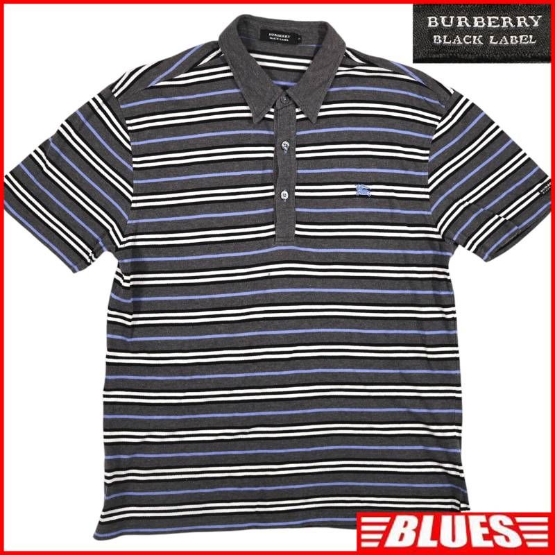 BURBERRY BLACK LABEL 廃盤 バーバリーブラックレーベル ポロシャツ L グレー ボーダー 古着 メンズ ポロシャツサイズL一覧←SEULB屋着古← TY4539