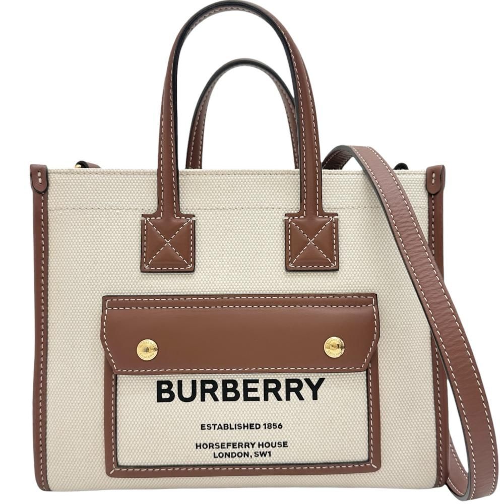 【BURBERRY/バーバリー】2WAYショルダーバッグ ハンドバッグ キャンバス/レザー アイボリーキャンバス/ブラウンレザー/ゴールド金具 レディース 【中古】【真子質店】【BL】