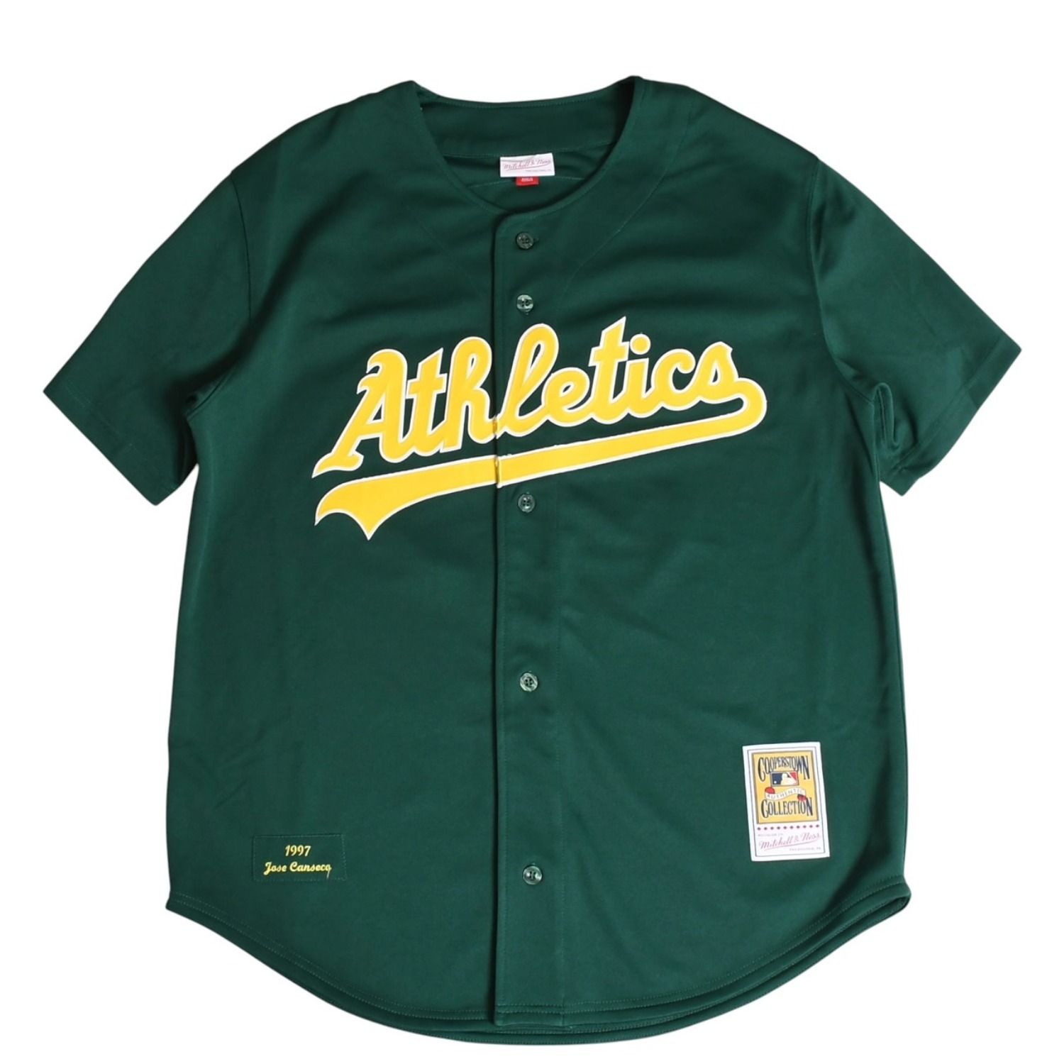 新品同様 Mitchell&Ness ミッチェルアンドネス オーセンティックベースボールジャージ オークランドアスレチックス 1997 ホセカンセコ グリーン イエロー XLサイズ 中古 4a002220