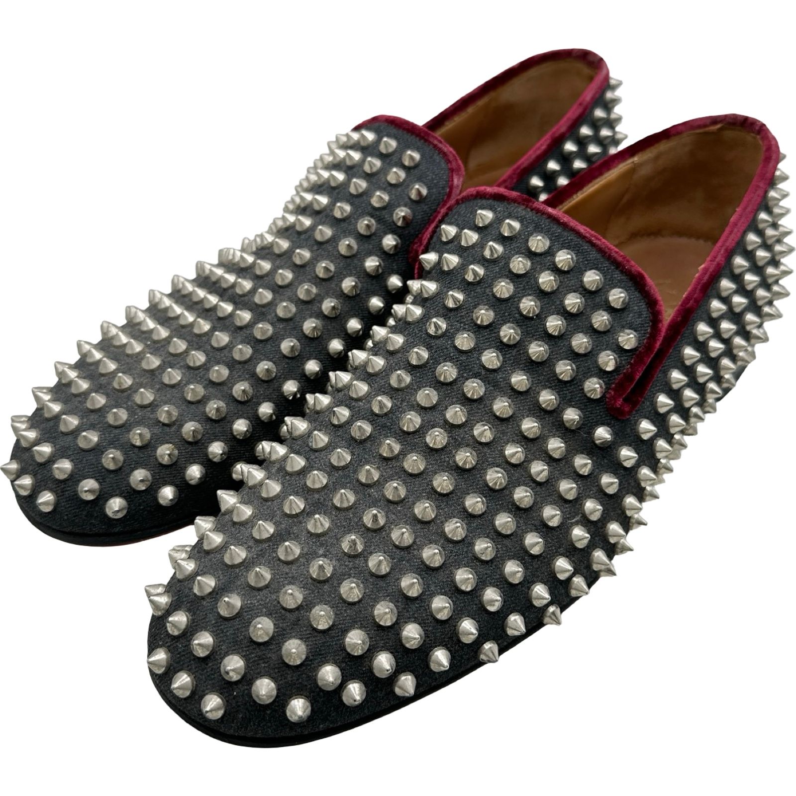 クリスチャン・ルブタン Christian louboutin スパイクスタッズスリッポン グレー キャンバス メンズ スリッポン