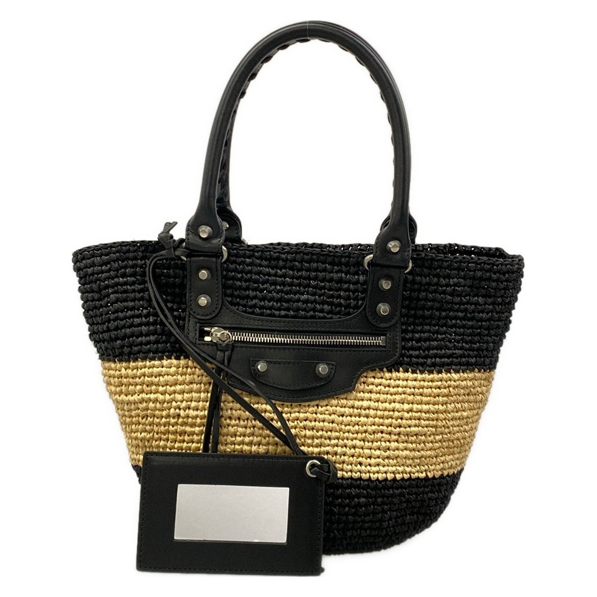 BALENCIAGA(バレンシアガ) トートバッグ パニエXS 466498 黒×ベージュ ボーダー/かごバッグ レザー