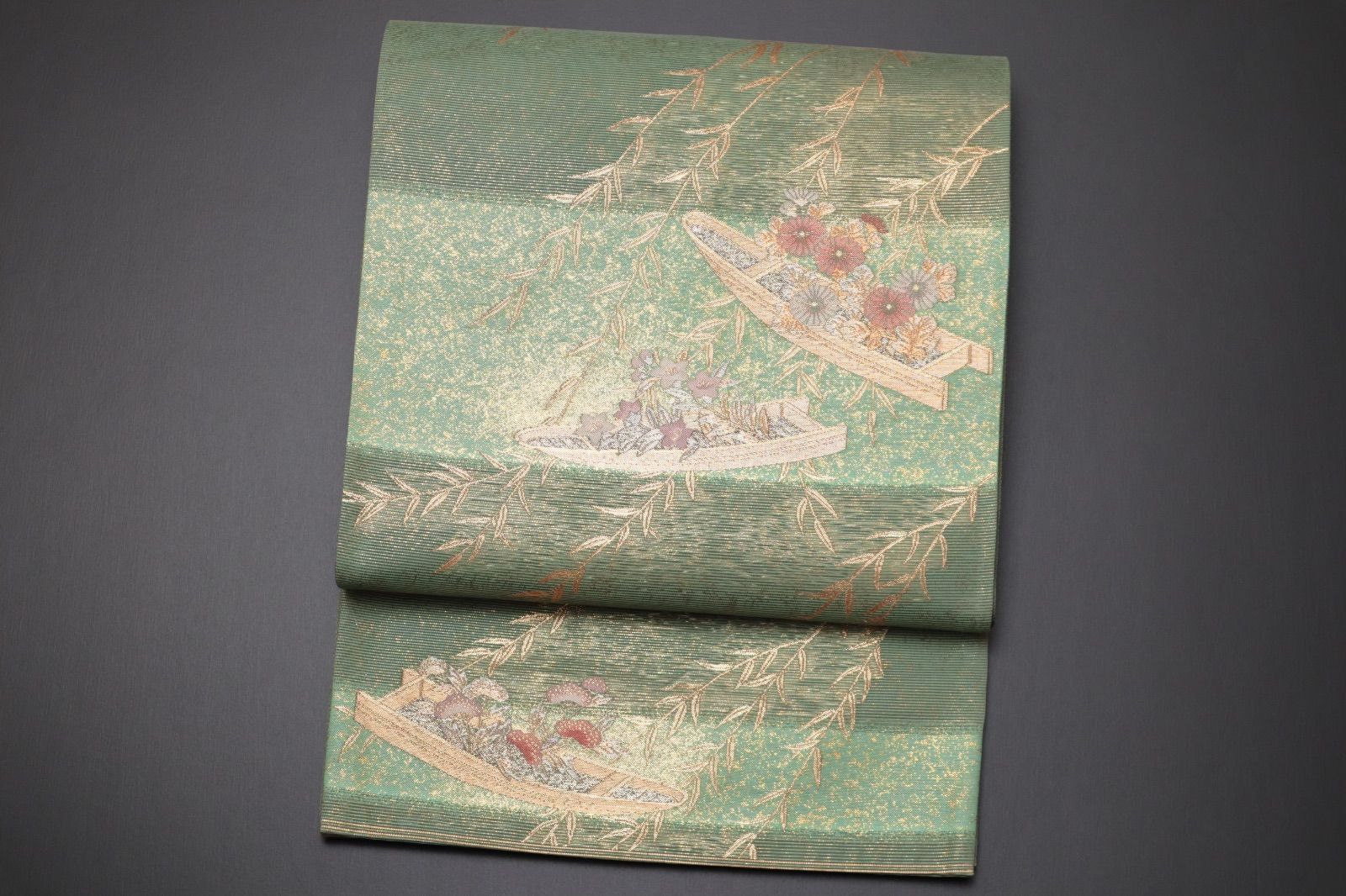 絽袋帯「横段枝垂れ柳に花船文」【中古】 正絹 六通柄 夏帯 セミフォーマル