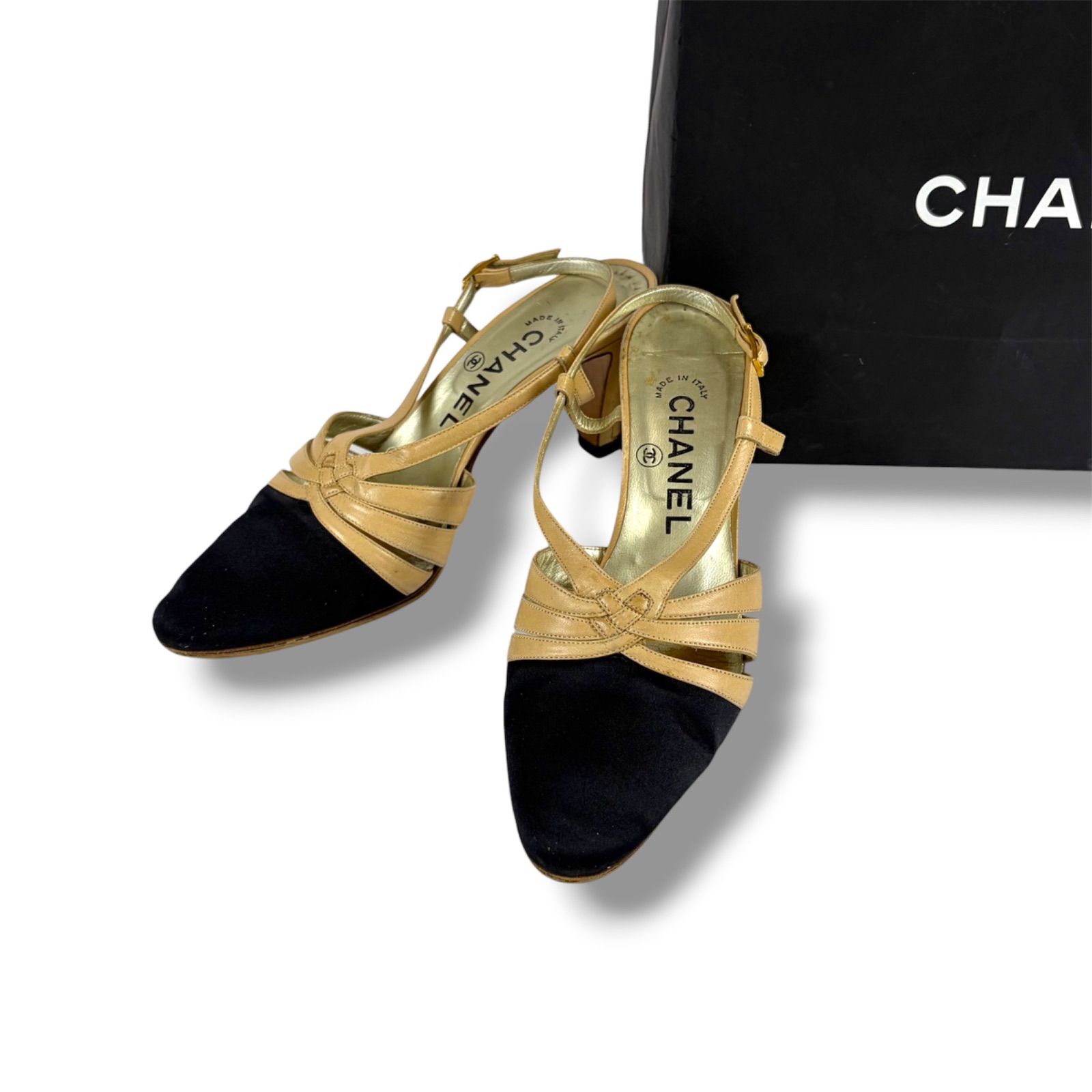 CHANEL シャネル　サテン　バイカラー　スリングバック　ハイヒールパンプス　ブラック　ベージュ　レザー　36
