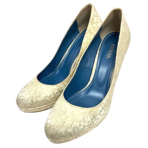 ベニル BENIR ウエディングシューズ パンプス 総レース リボン付 38 白 ホワイト