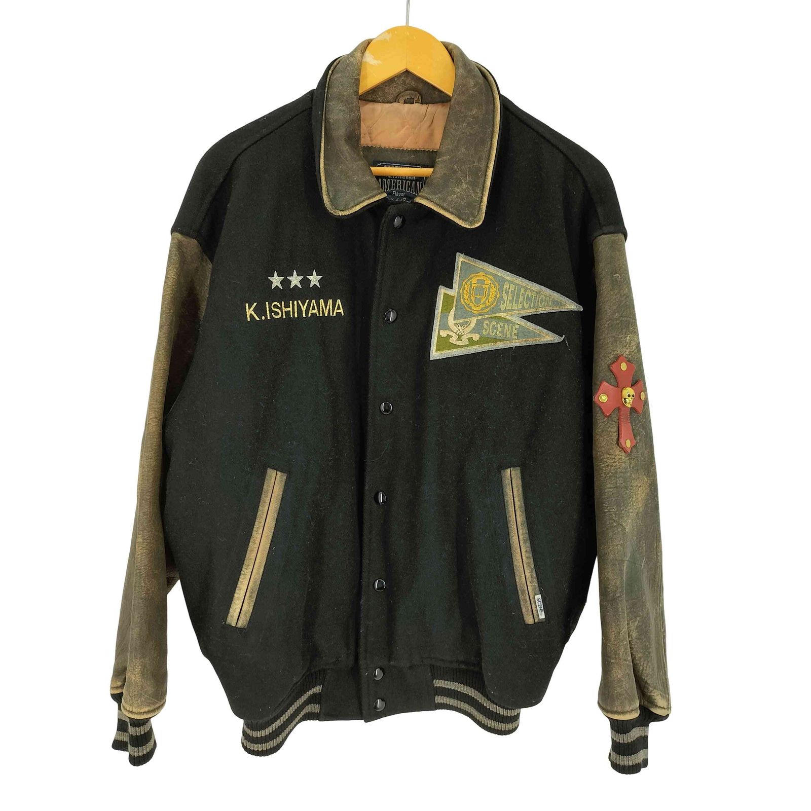 ユーズドフルギ USED古着 90s SCENE社製 SCOVILLボタン 刺繍ロゴワッペン レザー切替 スタジャン バーシティジャケット メンズ import：L