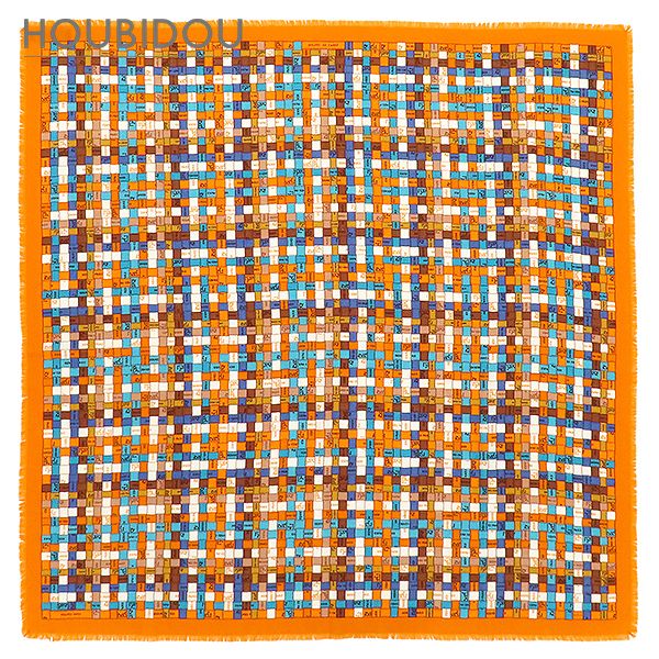 エルメス HERMES スカーフ カレ90 カシミヤ シルク オレンジ×マルチカラー 【BOLDUC AU CARRE/ボルデュック チェック】 【中古】
