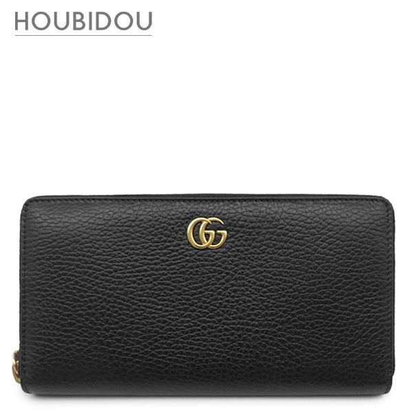 グッチ GUCCI 長財布 プチマーモント ジップアラウンドウォレット レザー ブラック ゴールド金具 黒 ラウンドファスナー ダブルG 456117 【箱】【中古】