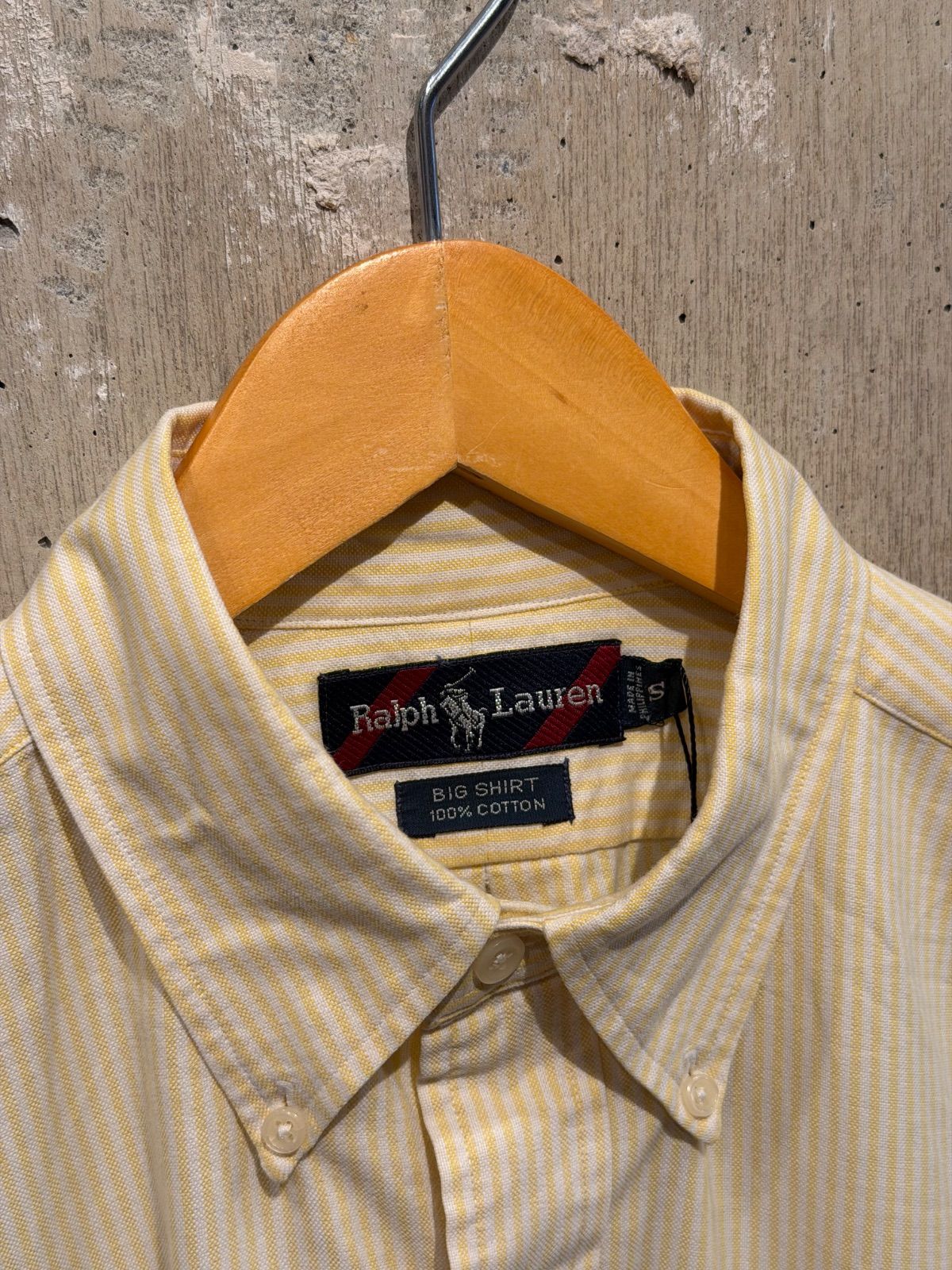 希少【 Ralph Lauren / BIG SHIRT / S size 】 80s - 90s　ラルフローレン　ビッグシャツ　ストライプ　L/S shirt　長袖 シャツ　ボタンダウン　ポケット　ポニー　黄色　イエロー