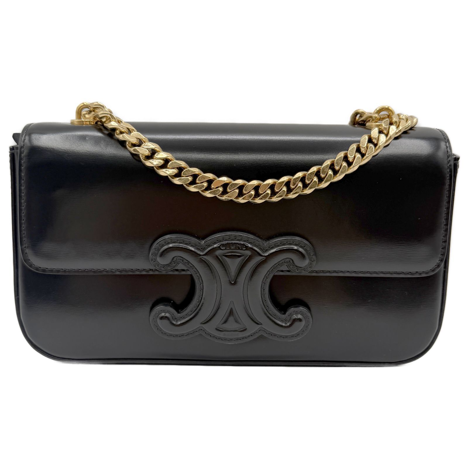 セリーヌ(CELINE) キュイル トリオンフ チェーンショルダー 黒 レザー ゴールド金具 中古A レディース ショルダーバッグ