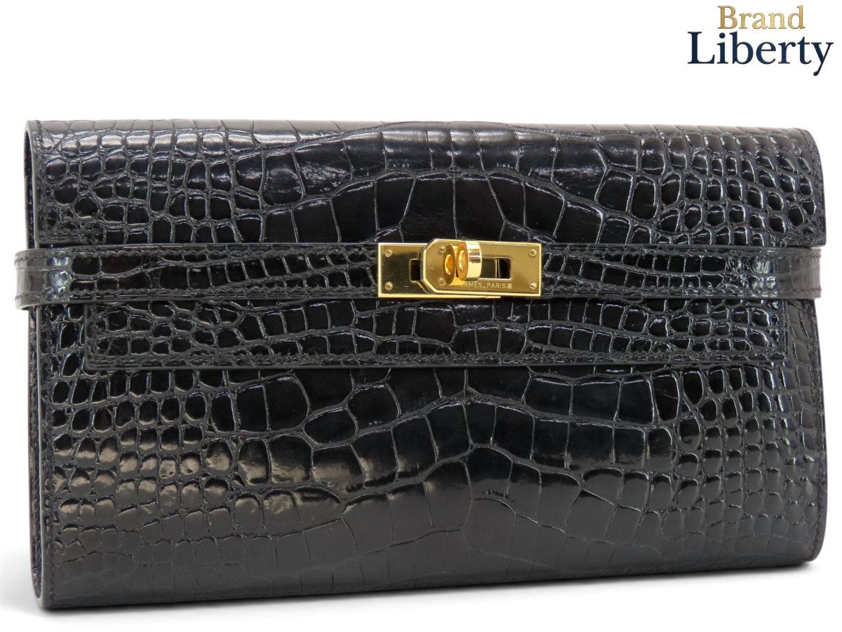 【レア美品】エルメス HERMES ケリーウォレット ロング アリゲーター シャイニー 二つ折り長財布 ブラック ゴールド金具 クロコダイル アリゲーターレザー □N刻