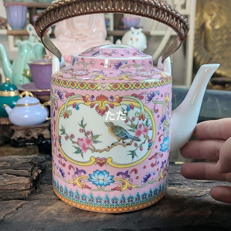 中国茶器 ピンク琺瑯彩かささぎ牡丹提梁壺 煎茶器 茶壺 茶道具 新商品未使用 中国茶器 ピンク琺瑯彩かささぎ牡丹提梁壺 煎茶器 茶壺 茶道具 新