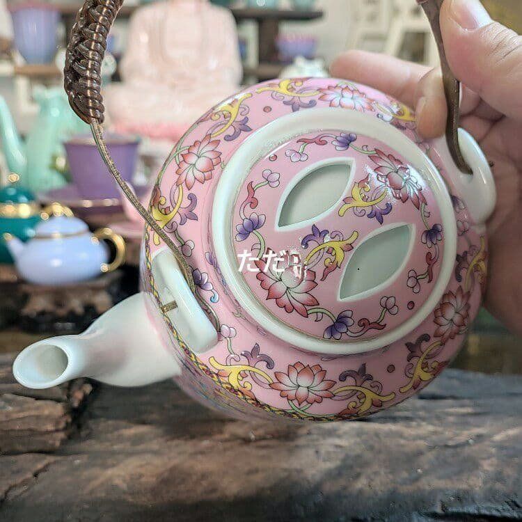 中国茶器 ピンク琺瑯彩かささぎ牡丹提梁壺 煎茶器 茶壺 茶道具 新商品