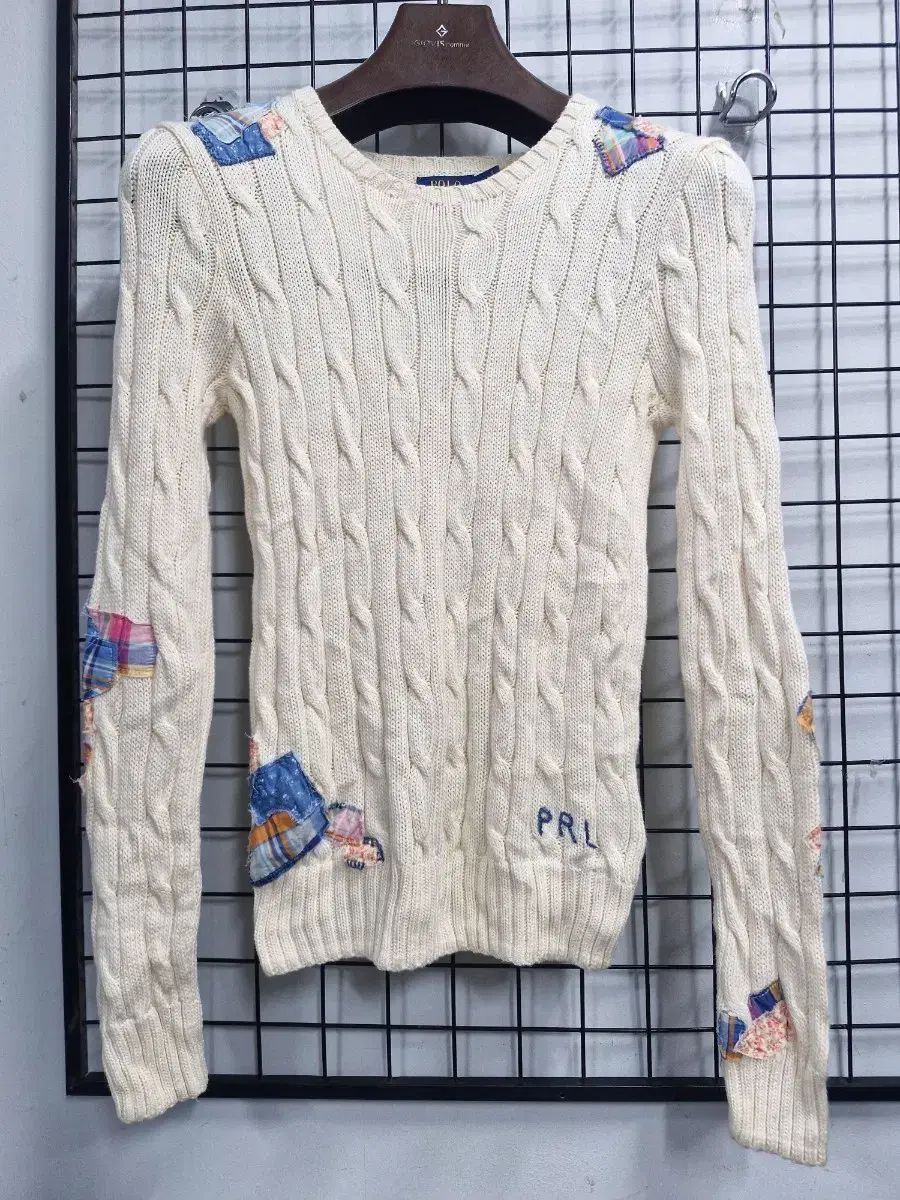 90S/55 ポロラルフローレン ケーブルニット パッチセーター アイボリー