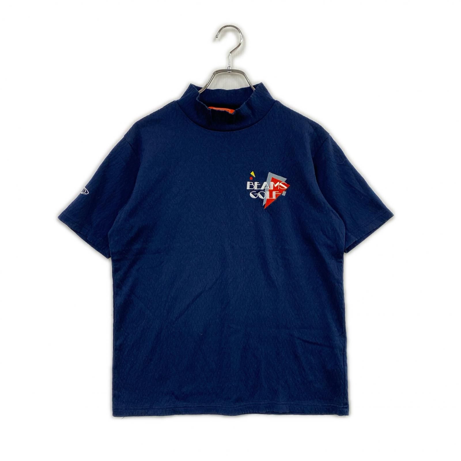 中古 メンズ ビームスゴルフ BEAMSGOLF 半袖シャツ M ネイビー 紺 モックネック 総柄