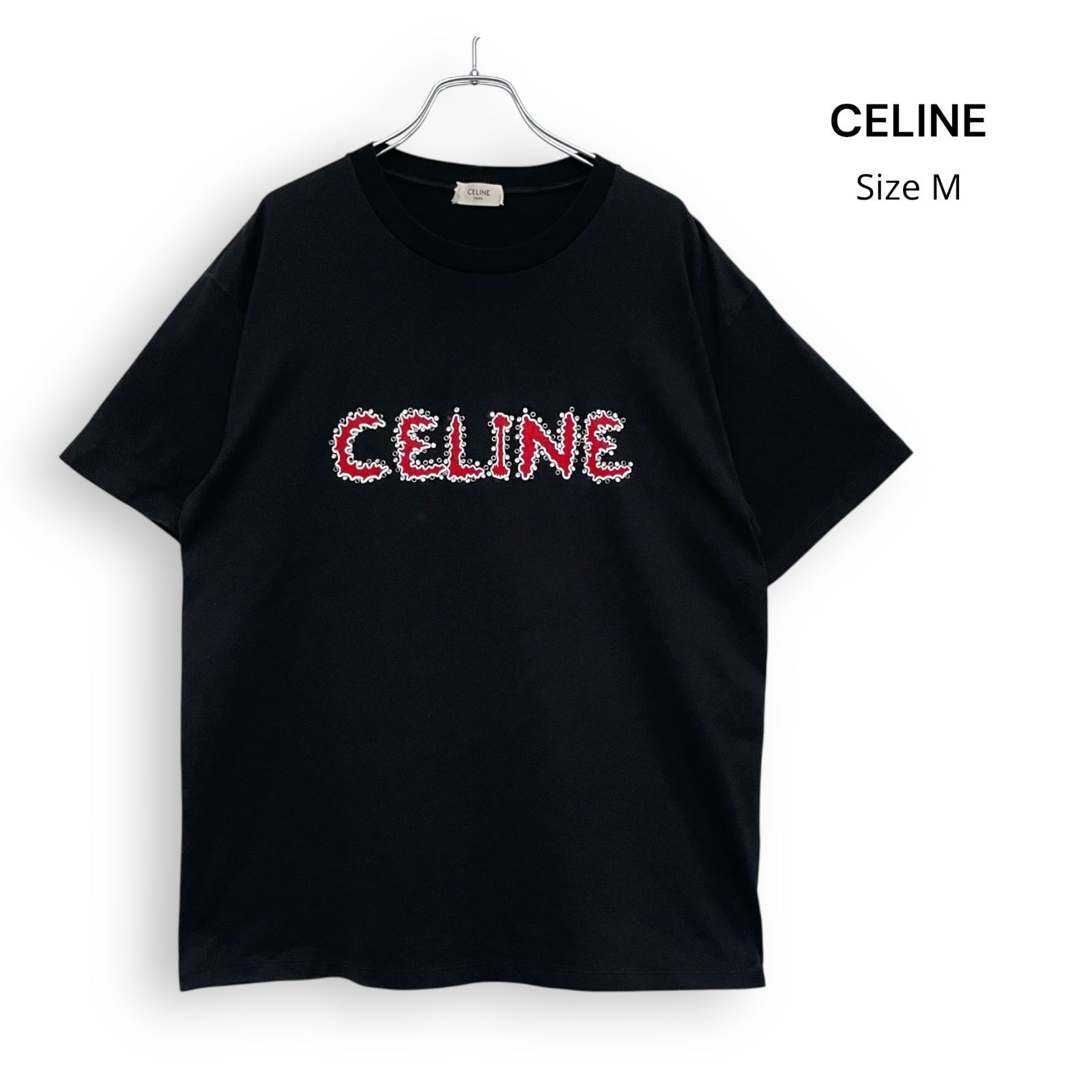 CELINE セリーヌ スタッズ ラインストーン ロゴ Tシャツ ブラック SizeM