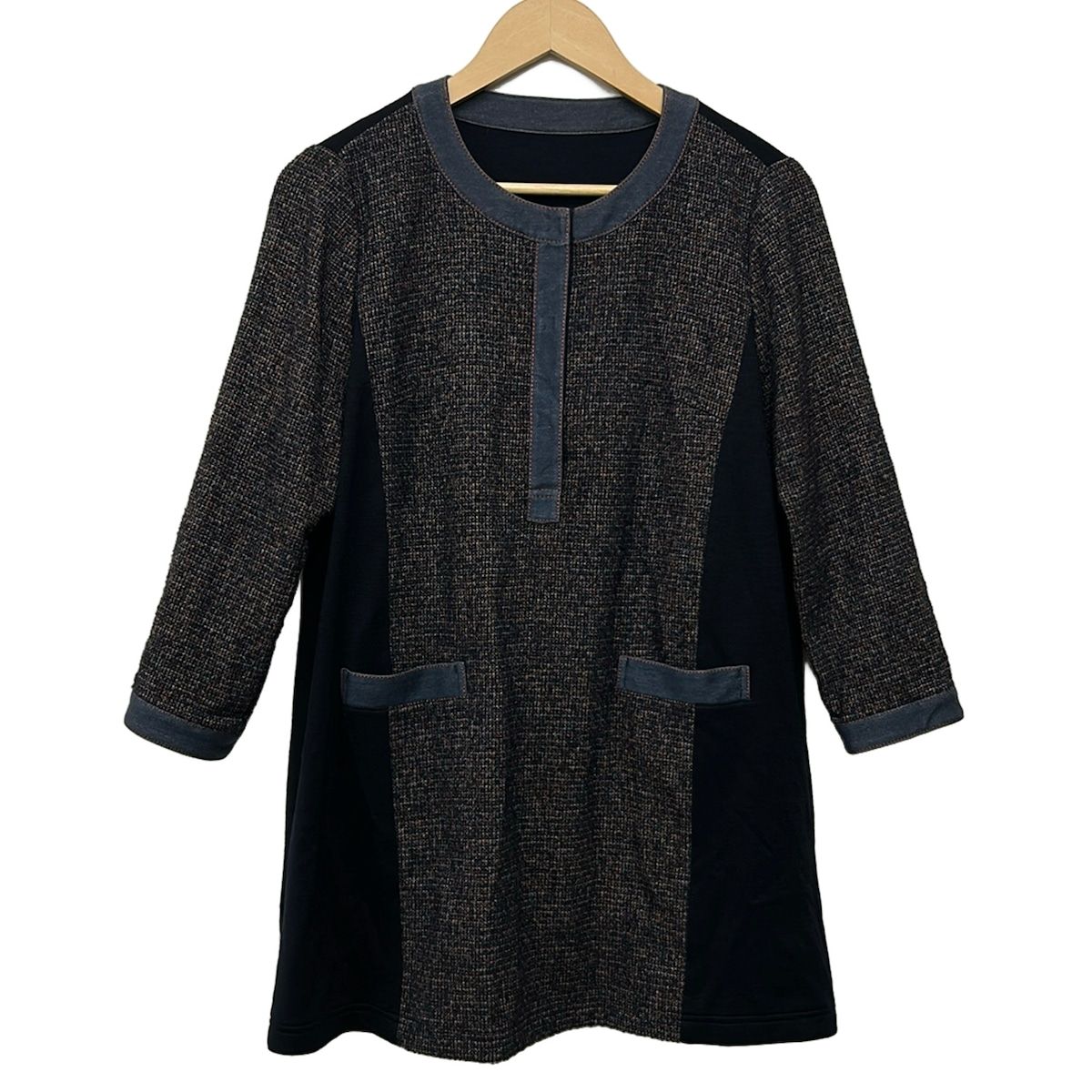Leilian(レリアン) ワンピース サイズ11 M レディース - ダークネイビー×オレンジ×マルチ クルーネック/七分袖/ミニ/ツイード/異素材切替