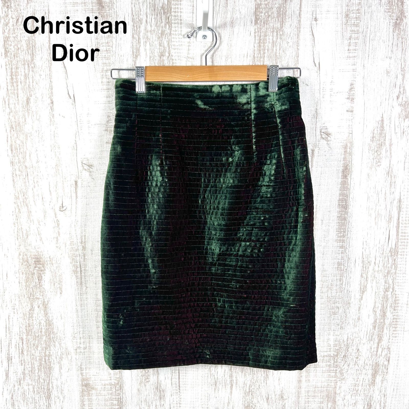 90s Christian Dior ヴィンテージ クリスチャンディオール 光沢 ジャガード タイトスカート グリーン