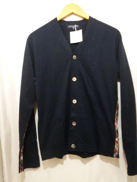 COMME des GARCONS HOMME コムデギャルソンオム HE-T127 袖切替チェック 薄手 カーディガン サイズS ネイビー メンズ トップス