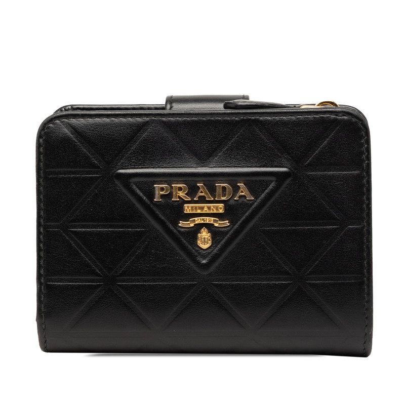 プラダ トライアングルロゴ 二つ折り財布 コンパクトウォレット ブラック ソフトカーフレザー レディース PRADA【1-0274168】