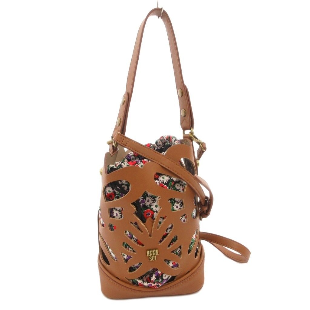 アナスイ ANNA SUI ハンドバッグ ショルダー 2WAY ロゴ 巾着 レザー カットアウト 茶 ブラウン /FF ■GY11