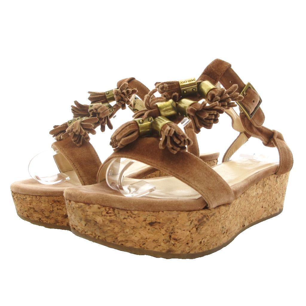 ジミーチュウ JIMMY CHOO サンダル プラットフォーム コルク スエード 35 アンクルストラップ タッセル ベージュ 茶 ブラウン /KB ■GY62